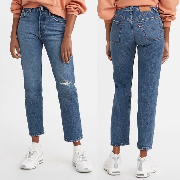 Levi's Premium 501 Original Cropped Salsa Middle Blue High Waisted Jeans - Picture 1 of 14